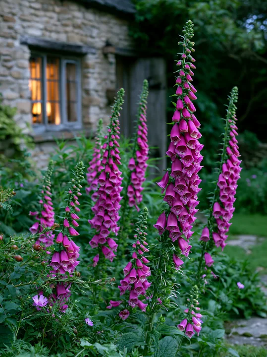 Bright foxglove flowers grow beside a rustic cottage with a warm glow coming from the window.