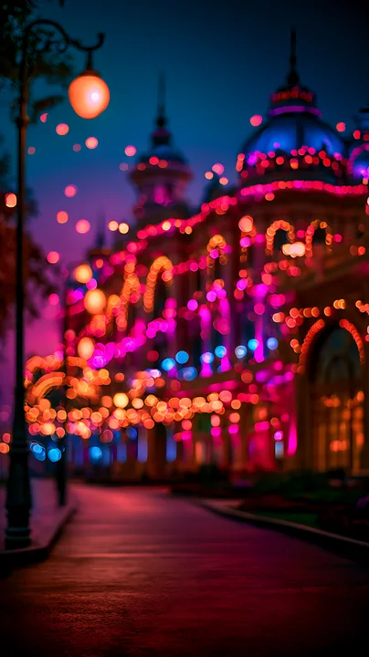 Bright lights in pink and blue adorn a historic building as nighttime falls.
