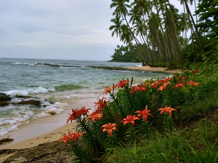 Bright orange flowers grow near the shore on an island with palm trees.