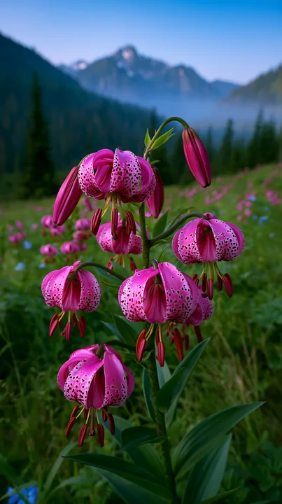 Bright pink flowers grow in a meadow surrounded by mountains.