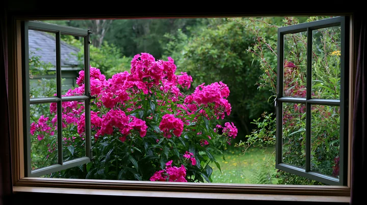 Bright pink phlox flowers bloom outside an open window, framed by the window's panes.