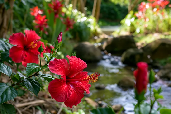 Bright red hibiscus flowers bloom beside a small flowing stream in a tropical setting.