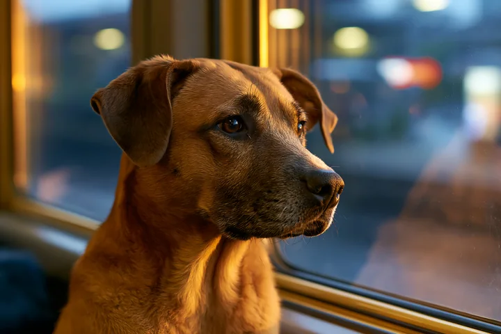 Brown dog sitting beside a train window with blurred lights visible outside.
