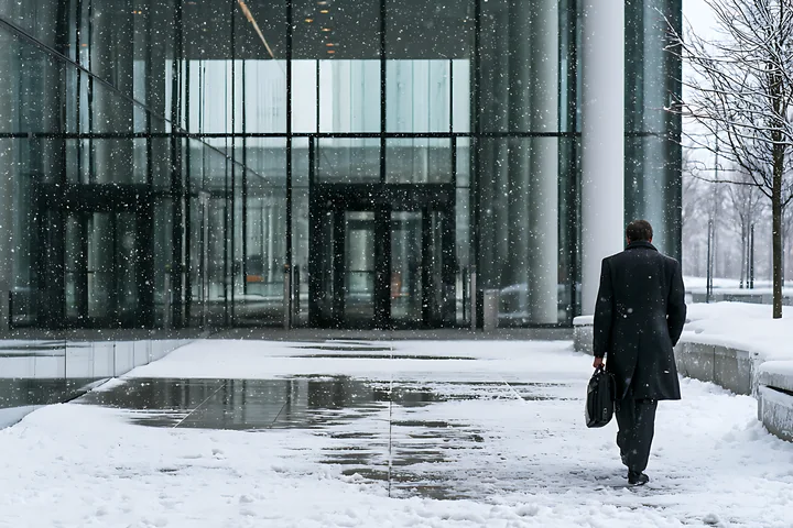 Businessman carrying a briefcase walks through falling snow toward a modern glass office entrance.
