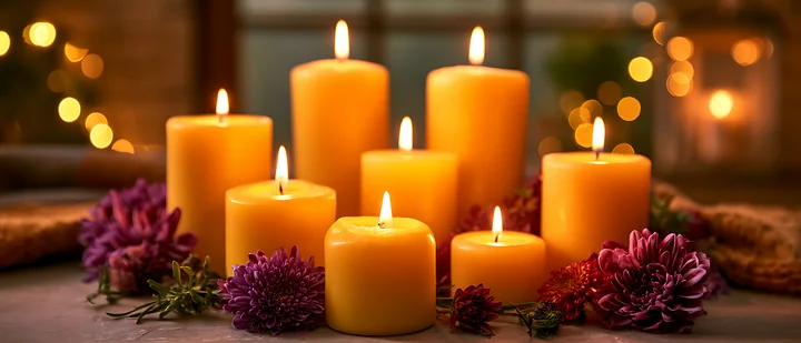 Candles are lit and arranged on a table with purple and yellow flowers around them.