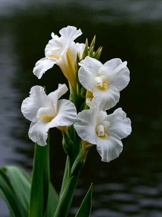 Canna lily flowers with white petals and yellow centers grow by a pond.