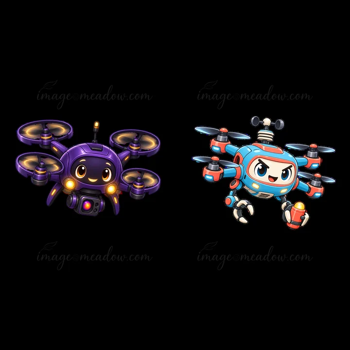 Two cartoon drones are illustrated side by side. The left drone is purple with a camera and a friendly face. The right drone is blue with an angry expression an