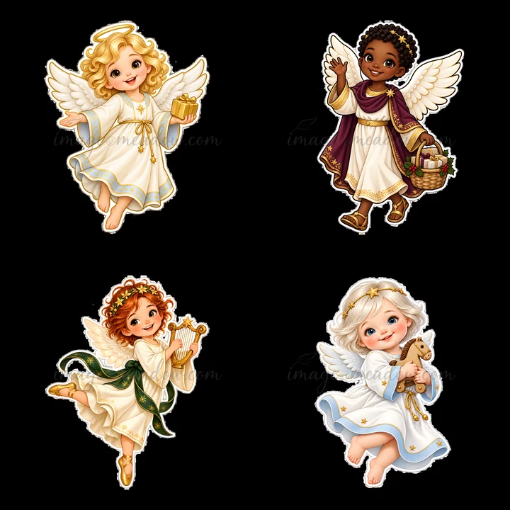 Four cartoon stickers show children with distinct features and outfits. Each child holds a gift or instrument, celebrating the holiday spirit.