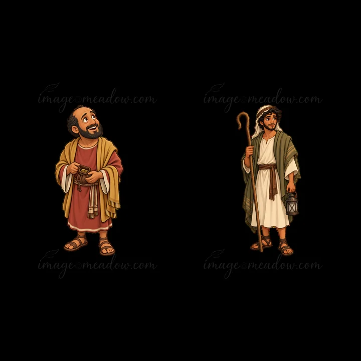 Two cartoon figures of biblical characters are shown together. One character is smiling and holding an object while the other carries a lantern and a staff. Bot
