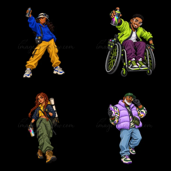 Four cartoon characters showcase streetwear styles while holding spray cans. The characters include a girl in a yellow outfit, a man in a wheelchair, a girl in
