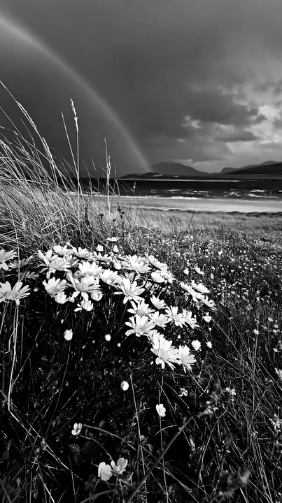 A chamomile meadow is in focus, surrounded by grass and small flowers, with a rainbow visible in the sky above a coastline. The scene captures nature's beauty a