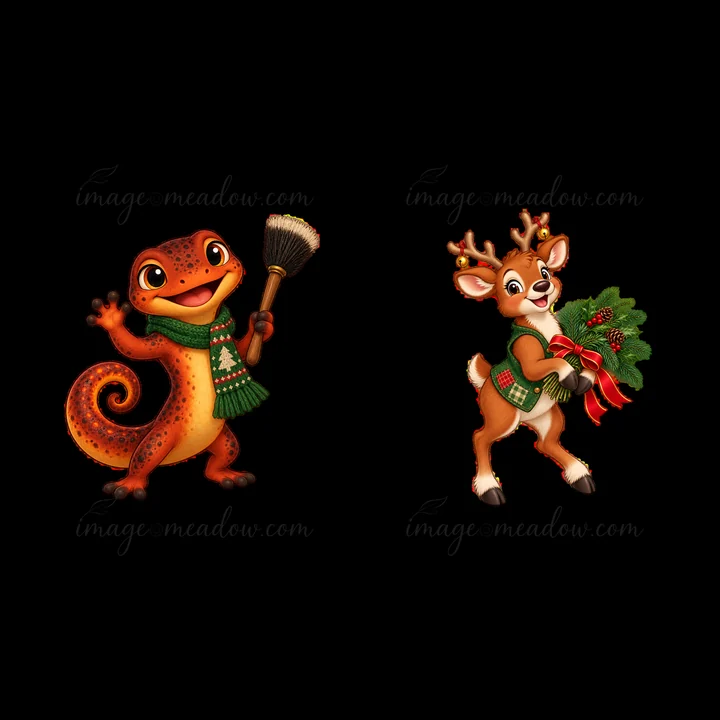 A cartoon lizard holds a broom and smiles, while a reindeer carries a wreath with a red ribbon. Both characters wear festive accessories. They are in a Christma