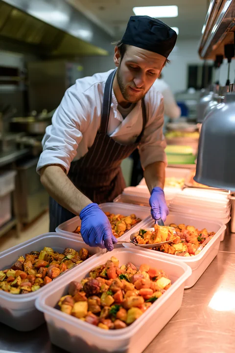 Chef in gloves serves roasted vegetables into containers during Christmas dinner preparation in a commercial kitchen.
