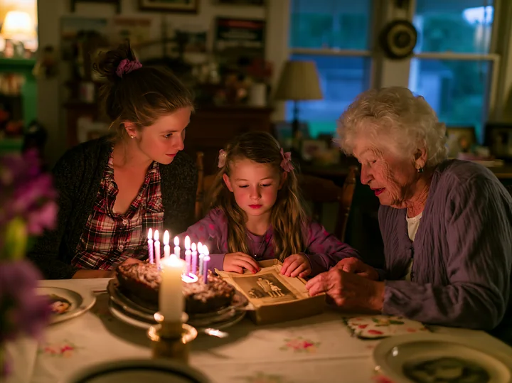 Child opens a memory box with her mother and grandmother during a candlelit birthday gathering.