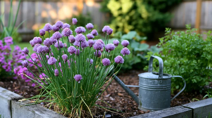 Chive flowers in herb bed bloom alongside other plants in a garden setting.