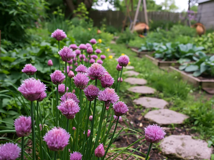 Chive flowers in herb bed grow alongside a garden path leading to a vegetable patch.