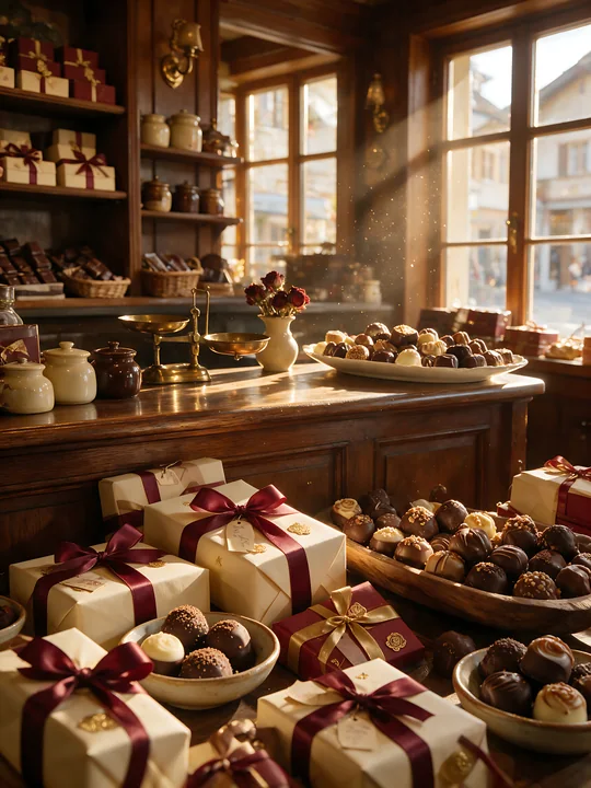 Chocolate pralines and wrapped gift boxes fill a warmly lit shop interior with wooden shelves and large windows.
