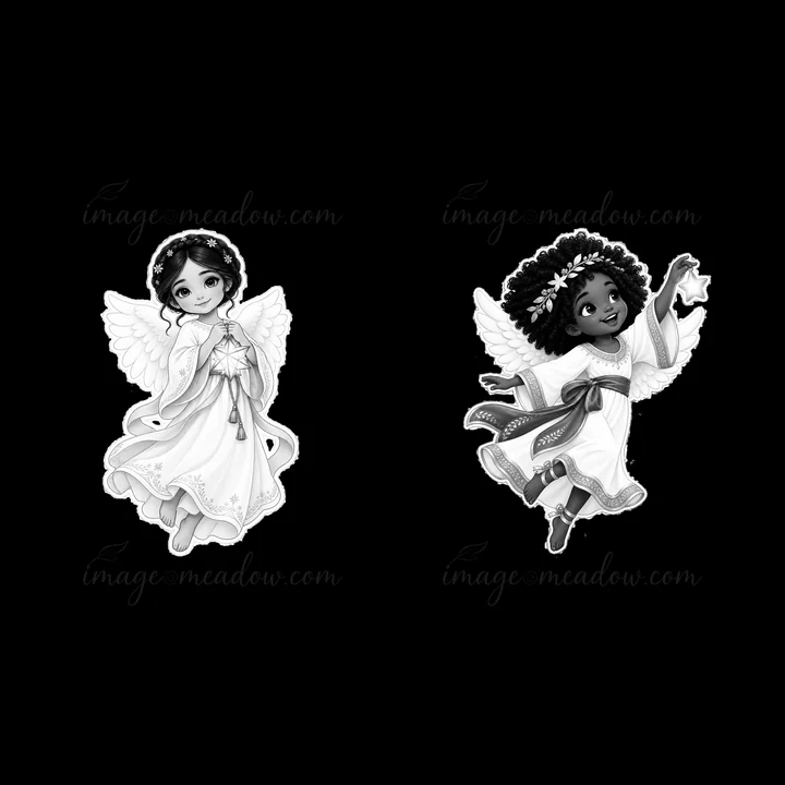 Two figures represent the Christ Child, a traditional gift-bringer associated with Christmas. They wear white robes, with wings, showcasing their angelic nature