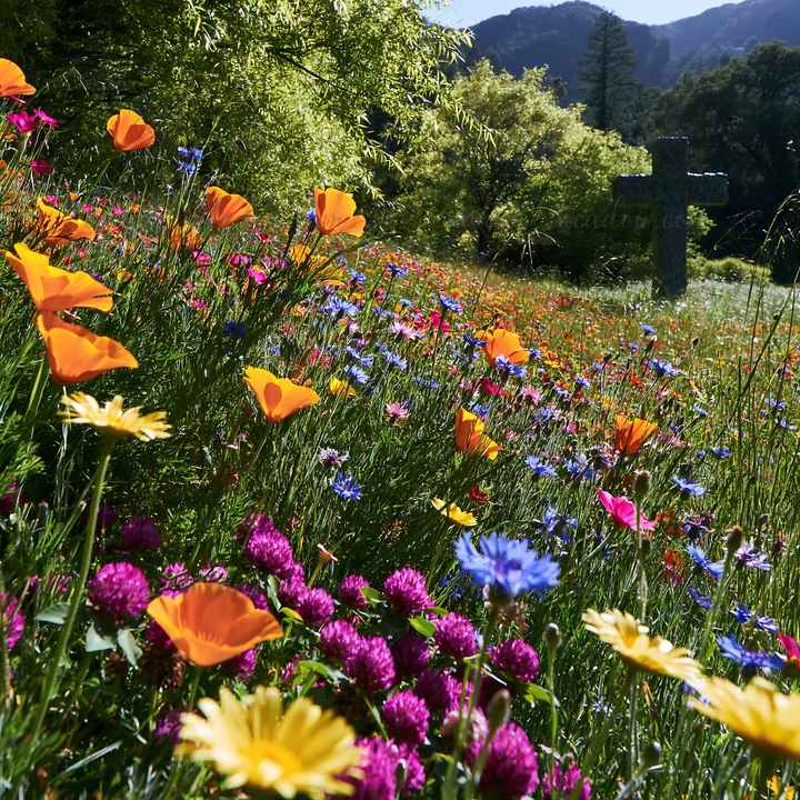 A Christian cross stands in a meadow filled with various wildflowers. Bright orange, purple, and blue flowers surround the cross under clear skies.