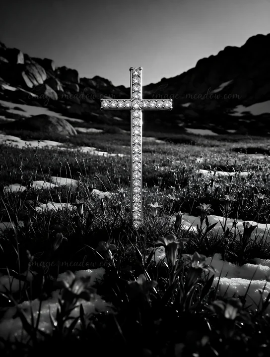 A cross stands among snow in a mountain valley during winter. The cross reflects light from the sun, standing out on the snowy ground. Rocks and grass surround