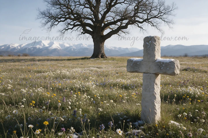 A Christian cross stands in a winter mountain meadow with flowers and a large tree. Snow-covered peaks rise in the background, creating a serene atmosphere in a