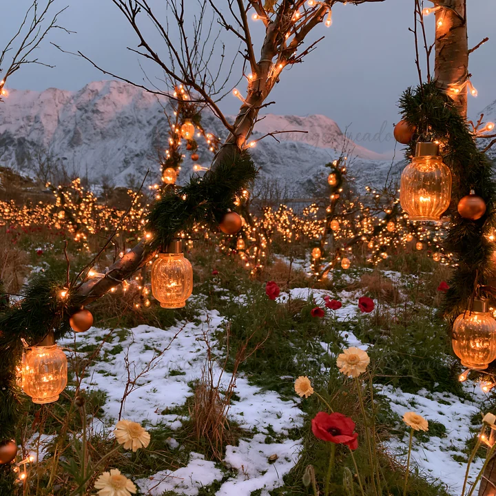 An evening scene in a meadow filled with apple trees decorated with lanterns. The area shows touches of snow, flowers, and distant mountains in Lofoten creating