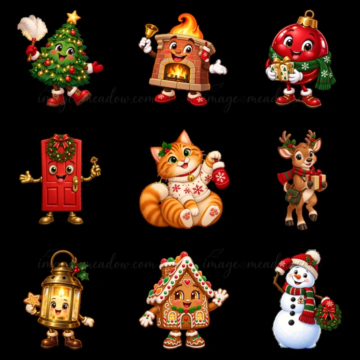 Nine cartoon stickers display various festive characters and objects. A Christmas tree, fireplace, ornament, door, cat, reindeer, lantern, gingerbread house, an
