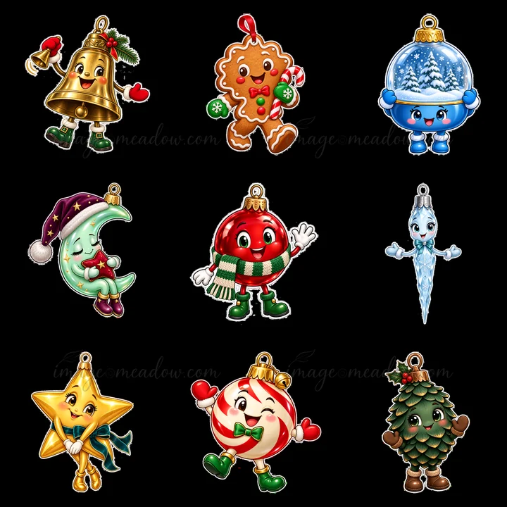 A collection of nine Christmas ornaments, each featuring a unique design. The ornaments include a bell, gingerbread man, blue snow globe, moon, red bauble, ice,
