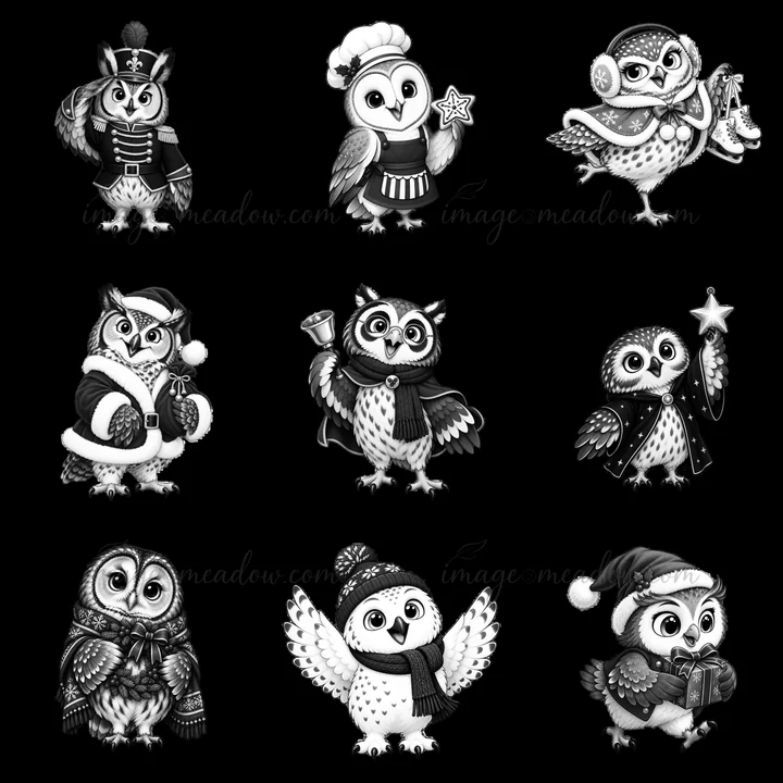 This illustration features nine cartoon owls dressed in Christmas outfits. Each owl displays a unique action, like holding gifts, bells, and stars, showcasing a