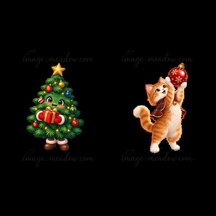 A cute cartoon Christmas tree stands with gifts at its base. Beside it, a playful orange cat raises a shiny ornament in its paw. The scene is bright with festiv