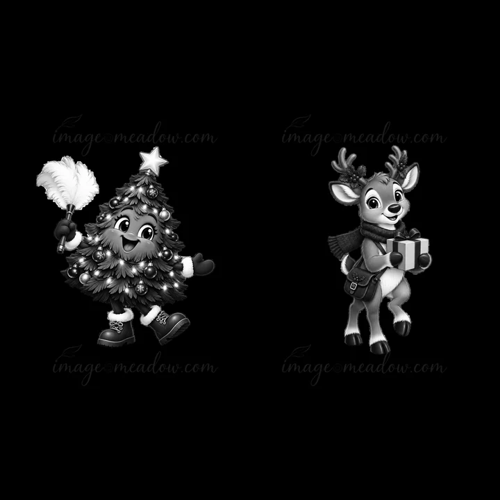 This illustration features a cartoon Christmas tree character holding a duster and a reindeer carrying wrapped presents. It is a playful design suitable for hol