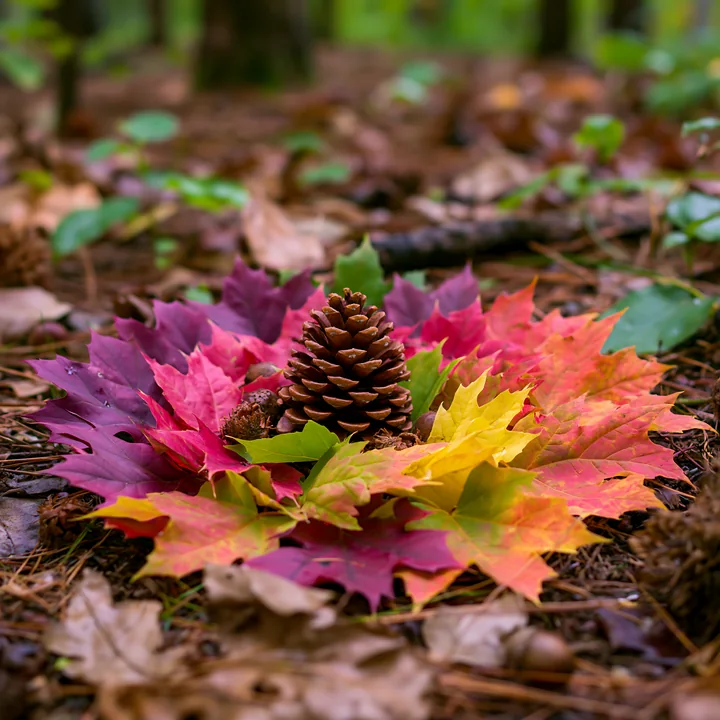 Colorful autumn leaves arranged in spiral surround a pinecone on the forest floor.