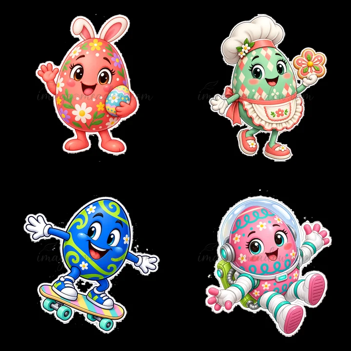 This illustration features four colorful cartoon Easter eggs. Each egg has distinct designs and accessories. Characters include a bunny, a chef, a skateboarder,