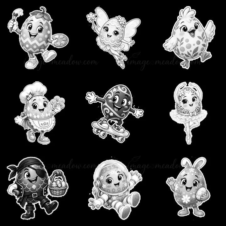 Nine cartoon stickers show Easter eggs in various costumes and activities. Characters include a fairy, pirate, and dancer, all expressing joy. Each egg has uniq