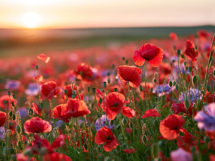 A meadow filled with bright poppies and other wildflowers during sunset. The flowers sway gently in the breeze as the sun sets on the horizon, creating a beauti