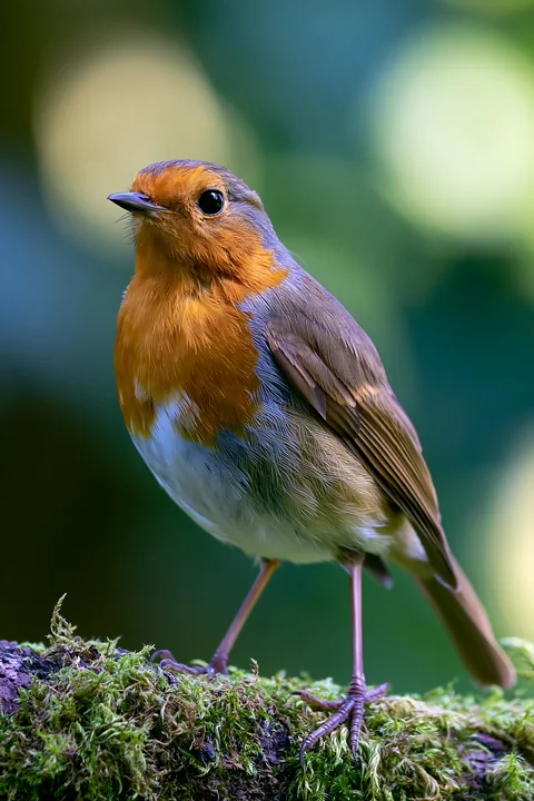 Colorful songbird perched on a moss-covered branch against a softly blurred woodland background.