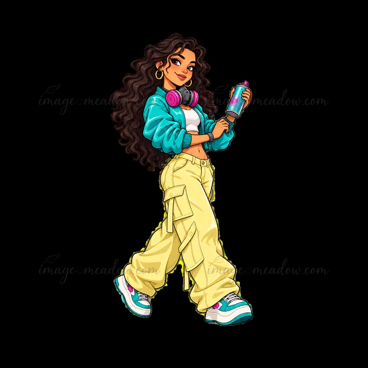 A character poses confidently holding a spray can. She has long curly hair and wears a teal jacket with headphones around her neck. Her yellow pants and colorfu