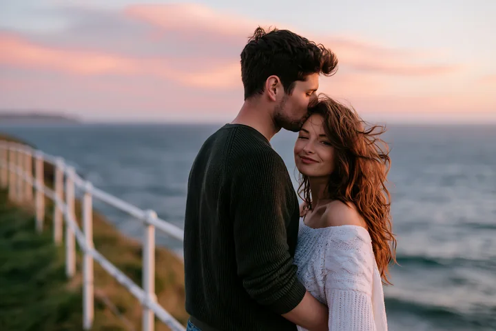 Couple sharing a forehead kiss beside the sea at sunset with a coastal railing behind them.