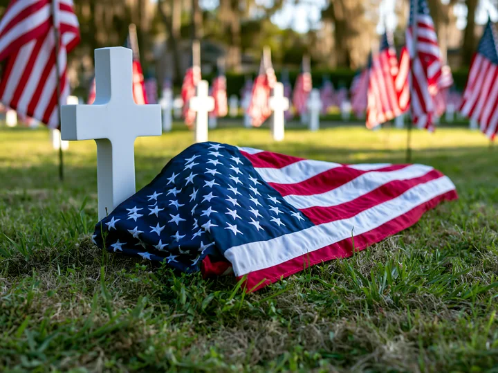 Crosses and US flags in a military cemetery create a somber scene.