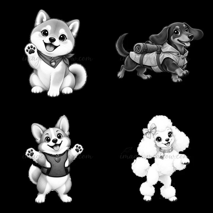 Four playful cartoon K-9 dogs are featured in a 2x2 layout. Each dog displays a distinct personality and outfit, creating a fun and lively composition. The dogs