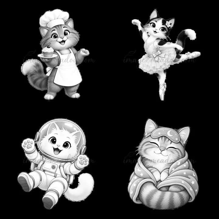 Four cartoon cat stickers showcase different activities. A cat chef holds a cupcake, a ballerina cat dances, an astronaut cat sits, and a cozy cat snuggles in a