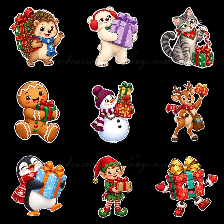 Nine cartoon characters hold colorful Christmas presents in a 3x3 layout. A hedgehog, polar bear, cat, gingerbread cookie, snowman, reindeer, penguin, elf, and