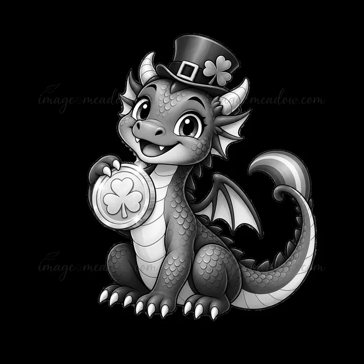 A dragon character sits on its haunches, wearing a top hat adorned with a four-leaf clover. It holds a round coin featuring a shamrock, celebrating St. Patrick'