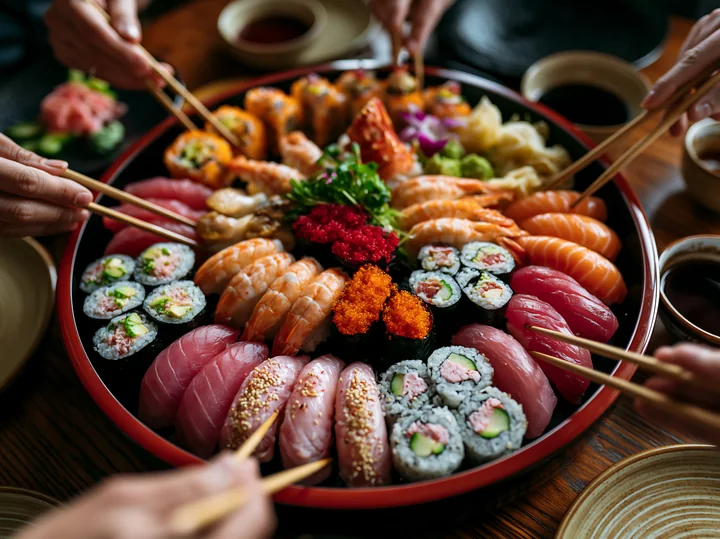 Diners reach for a to-biko roe sushi platter filled with various sushi rolls, shrimp, fish, and garnishes, set on a wooden table with dipping sauces nearby.