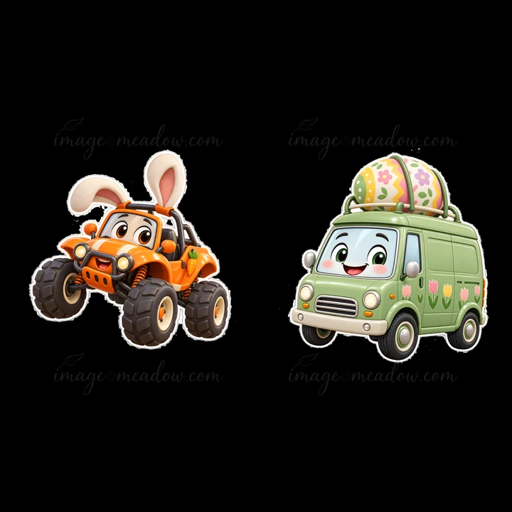 A bunny-themed car and a green van with floral designs are ready for Easter. The orange car has bunny ears on top, while the van features a large decorated egg.