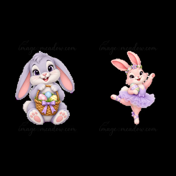 Two cartoon bunnies celebrate Easter. One bunny sits with a basket of colorful eggs while the second bunny dances joyfully. Both characters have light pastel co
