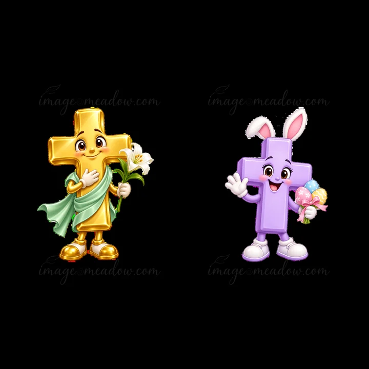 Two cartoon cross characters celebrate Easter. One cross is gold, holding a flower, dressed in a green robe. The other is purple, wearing bunny ears and holding