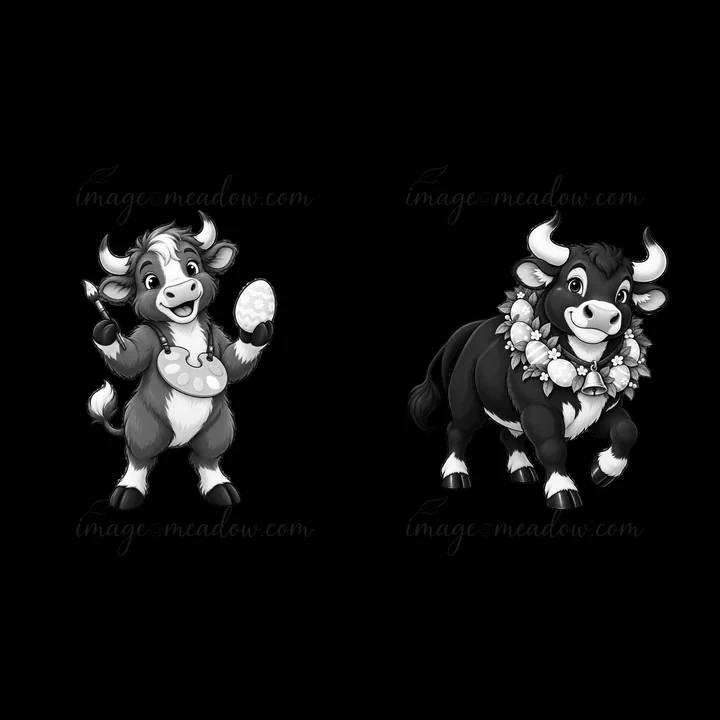 Two cartoon ox figures are seen celebrating Easter. One ox holds a decorated egg and brush, while the other wears a flower necklace. This playful scene captures