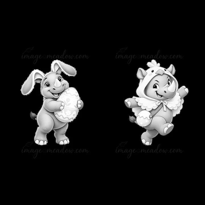 Two cartoon rhinoceroses celebrate Easter. One holds an Easter egg while the other wears a sheep costume. They display cheerful expressions and engage in playfu
