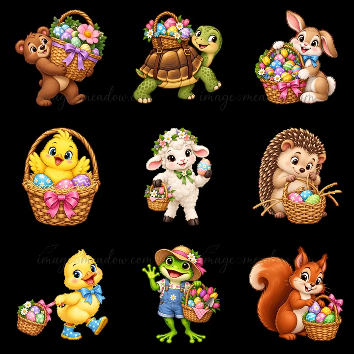 A collection of cartoon stickers shows animals with Easter baskets. The bear, turtle, bunny, chick, sheep, hedgehog, frog, and squirrel carry colorful eggs and